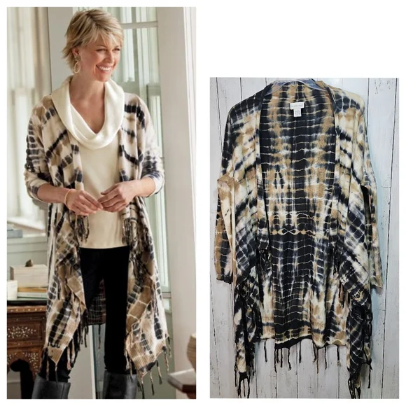 Soft Surrounding Women's Tan Black Tie Dye Fringe Drape Cardigan Size Medium. - Picture 1 of 10